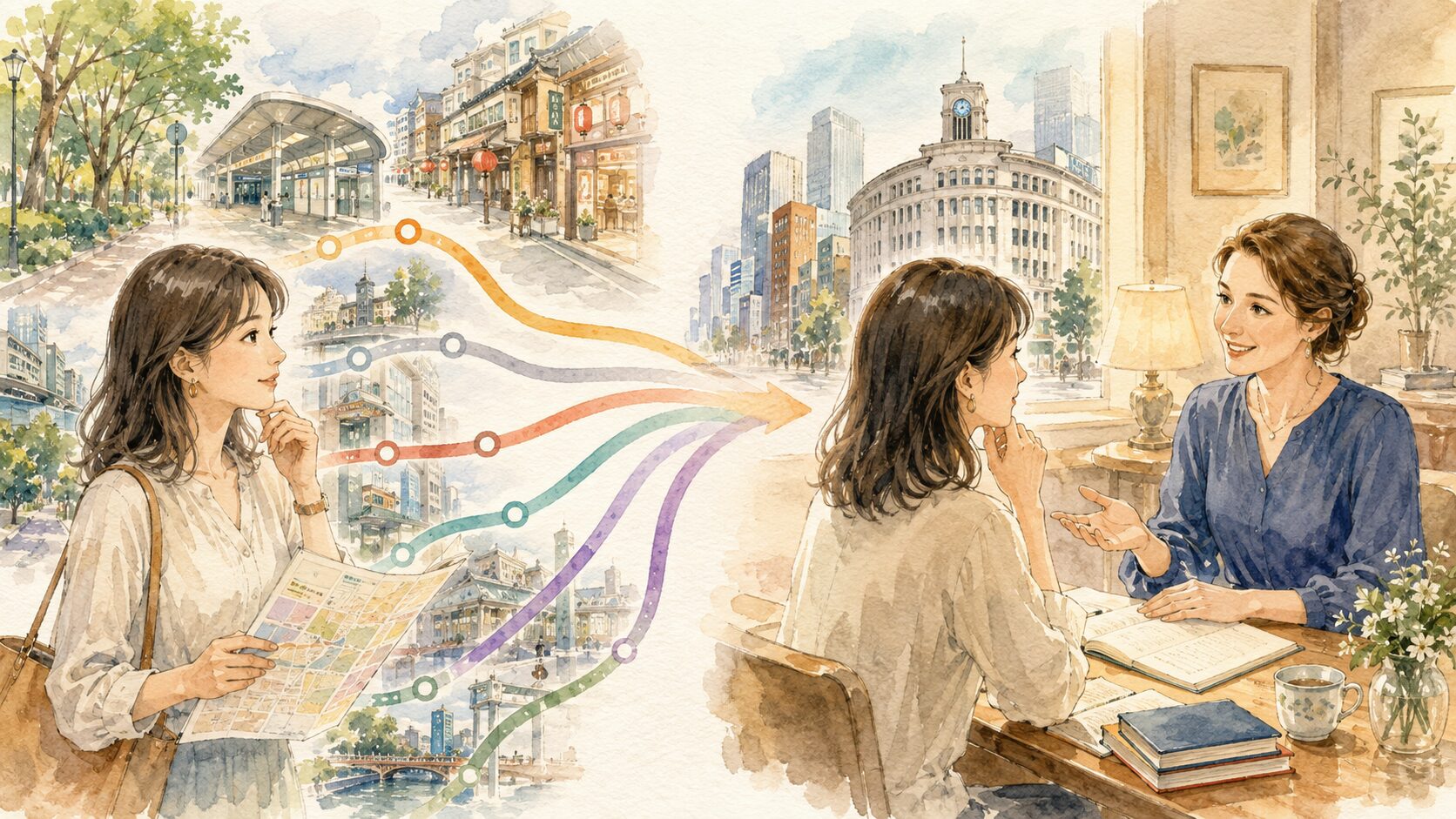 台東区の複数路線から銀座・新宿方面の英会話教室を選ぶイラスト