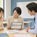 英会話講師やスタッフとレッスン調整のポイントを確認する大人の女性