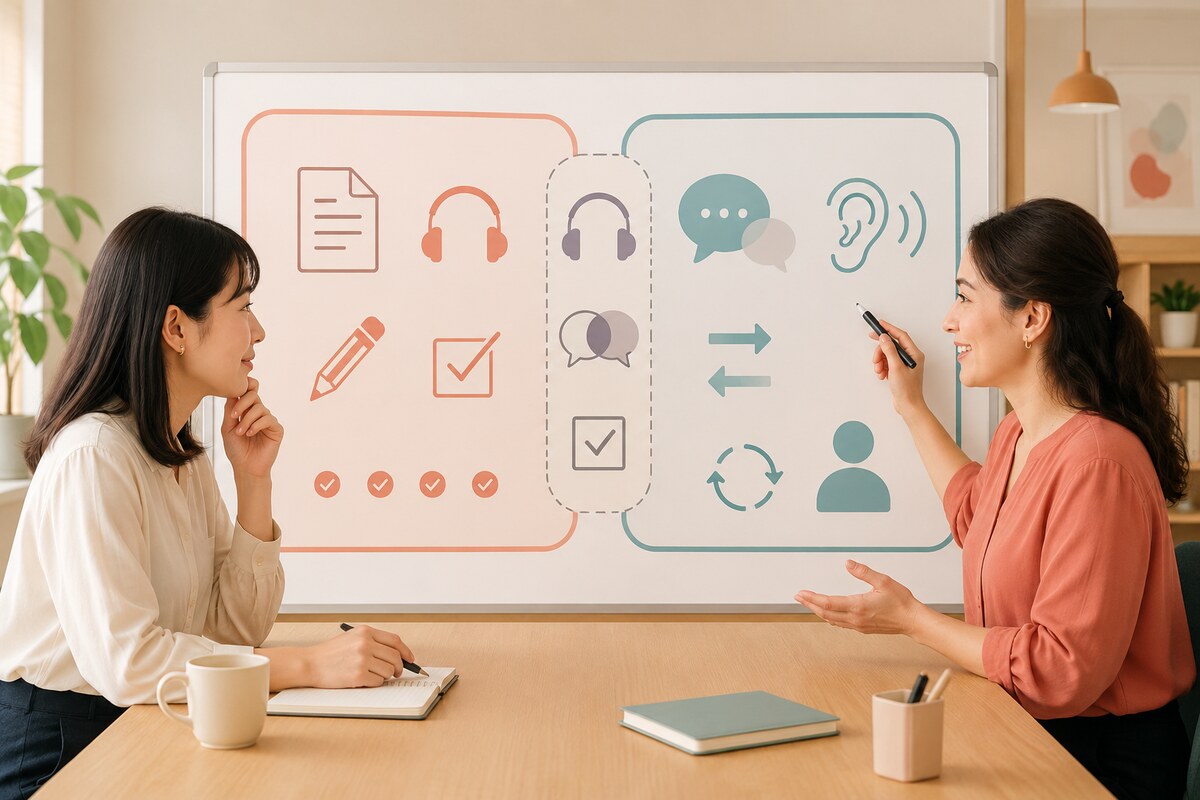 テスト技能と英会話技能の重なりと違いを教室で確認する様子