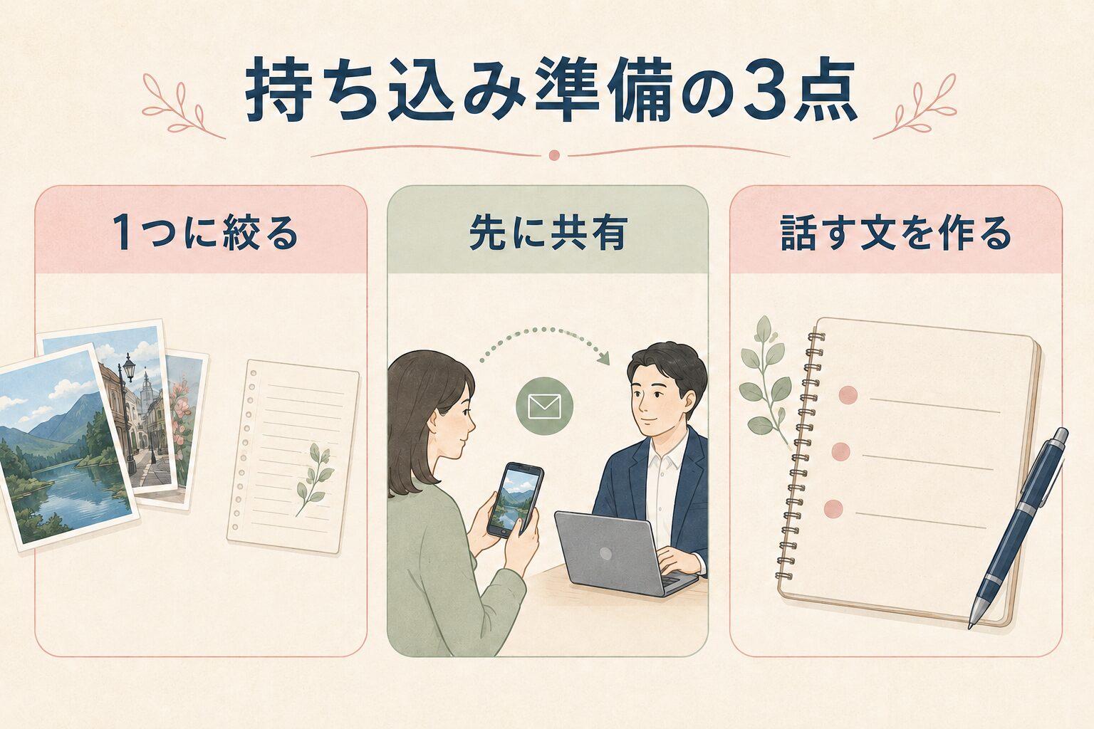 話題を1つに絞る・先に共有する・話す文を作る準備の図解