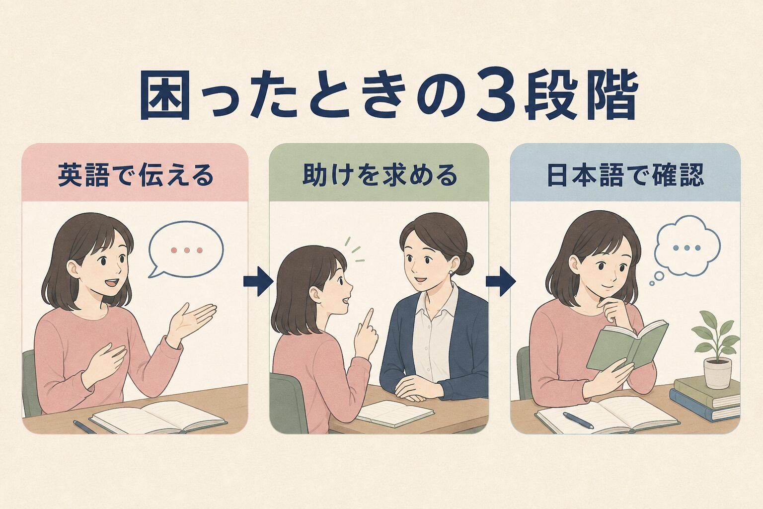 英語で伝える・助けを求める・日本語で確認する3段階の図解