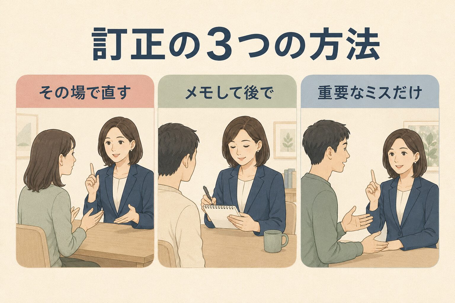 その場で直す・メモして後で・重要なミスだけを直す3方式の図解