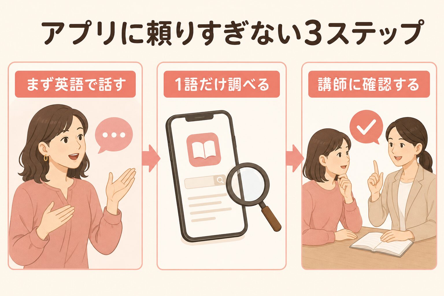 まず英語で話し1語だけ調べて講師に確認する3ステップ
