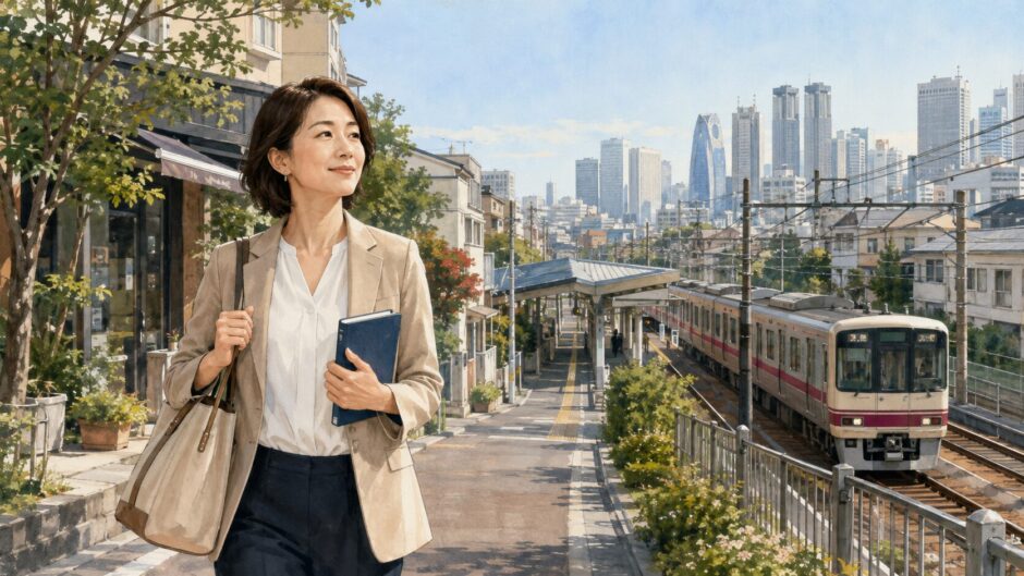 つつじヶ丘で英会話教室を探す大人女性と京王線・新宿通勤のイメージ