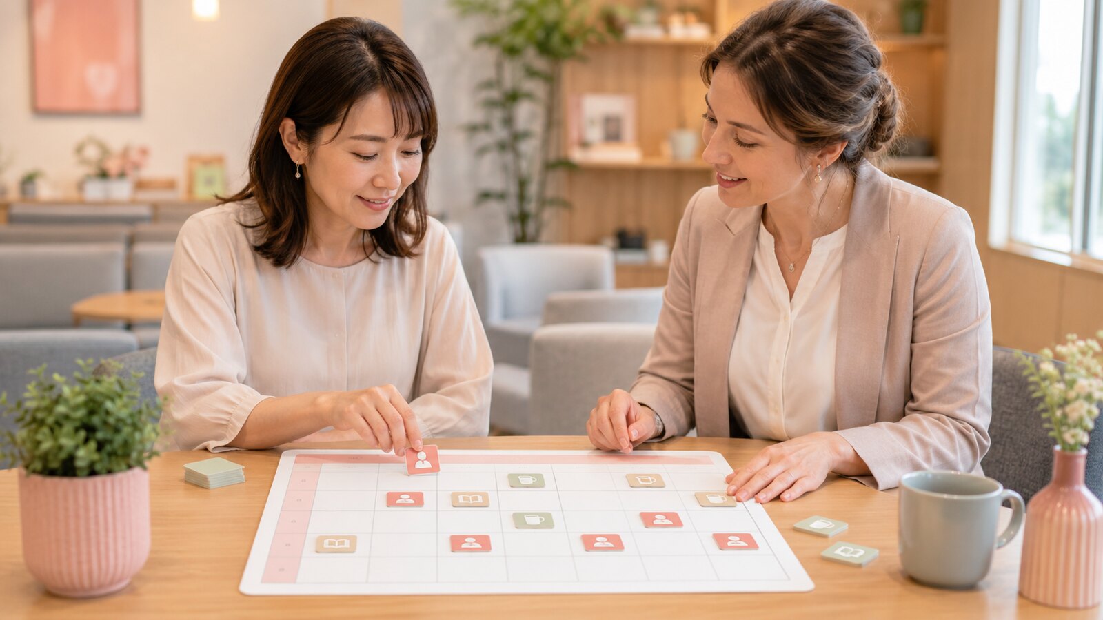 英会話教室の通い放題レッスンと復習の予定をスタッフと考える大人女性