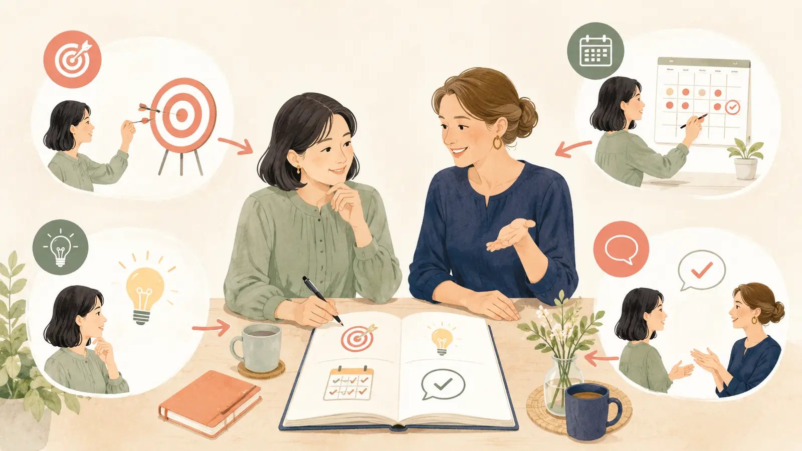 英会話レッスンで今週の目標を四つの順番で話すイラスト