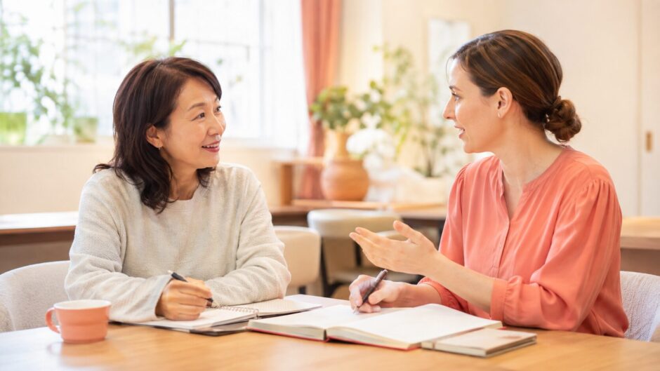 英会話を学ぶ大人初心者の女性と外国人講師