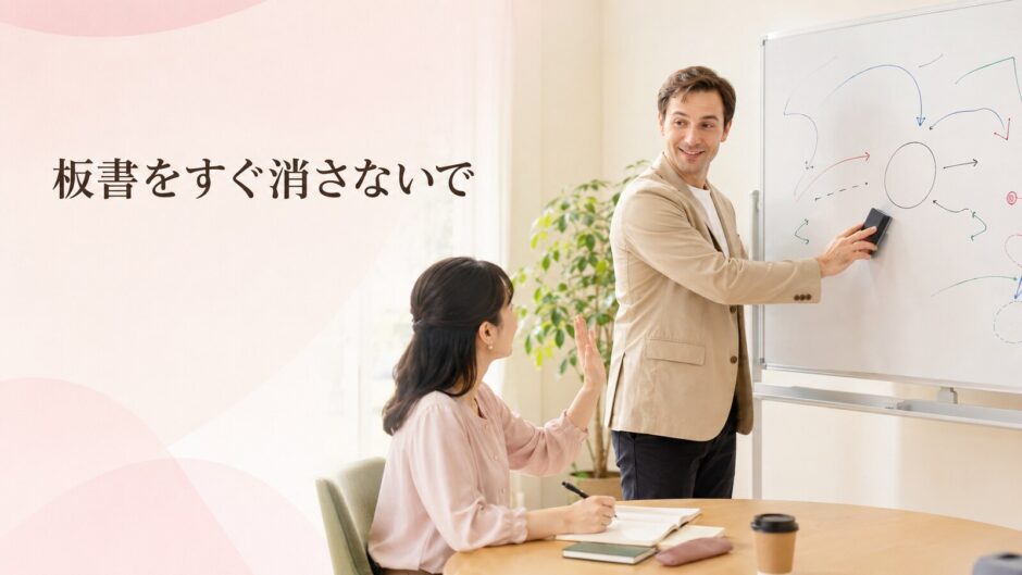 英会話講師がホワイトボードを消す前に待ってほしいと合図する大人の女性
