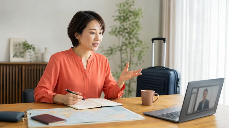 海外赴任前に仕事と生活の英会話をオンラインで練習する日本人女性