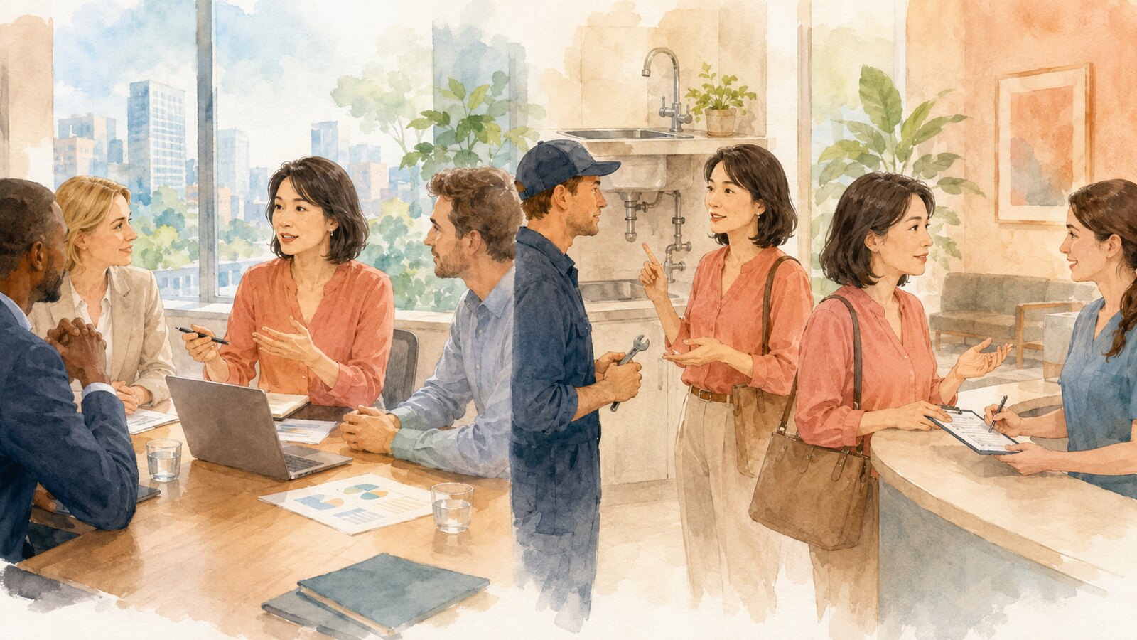 海外赴任した女性が国際会議・住居の修理・病院受付で英語を使うイラスト