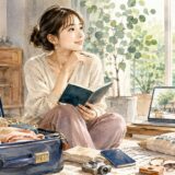 ワーホリ出発を前にスーツケースと会話ノートを用意して海外生活を思い描く日本人女性