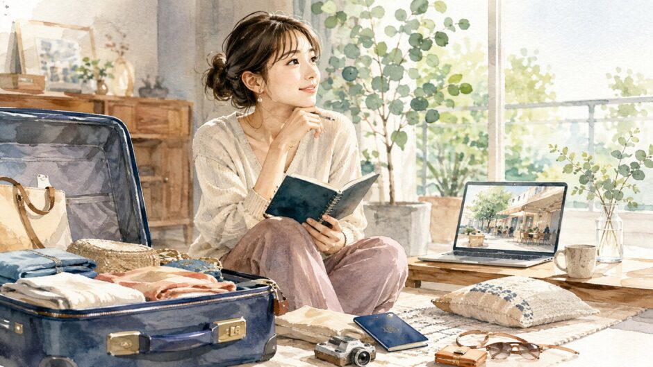 ワーホリ出発を前にスーツケースと会話ノートを用意して海外生活を思い描く日本人女性