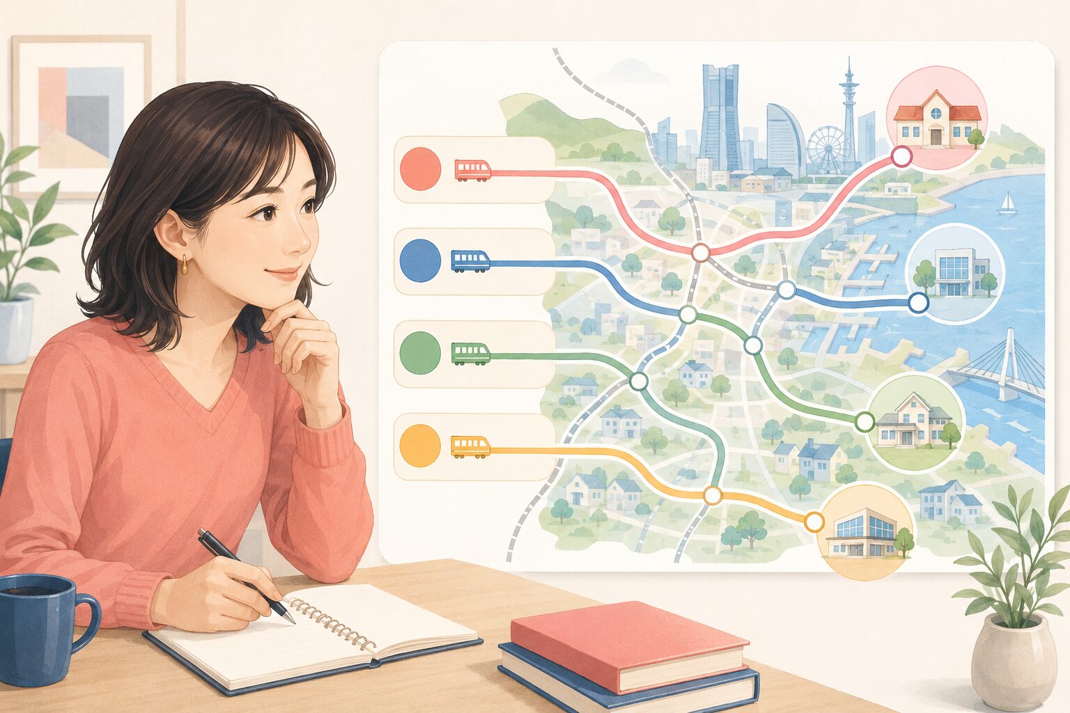 横浜市の路線と生活動線から英会話教室を比較する女性のイラスト