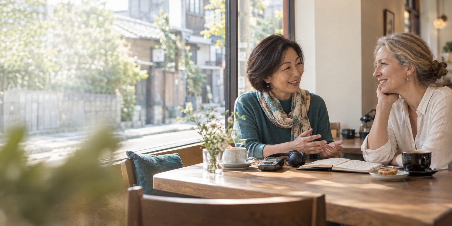 カフェで日常の会話を楽しむ大人の女性たち