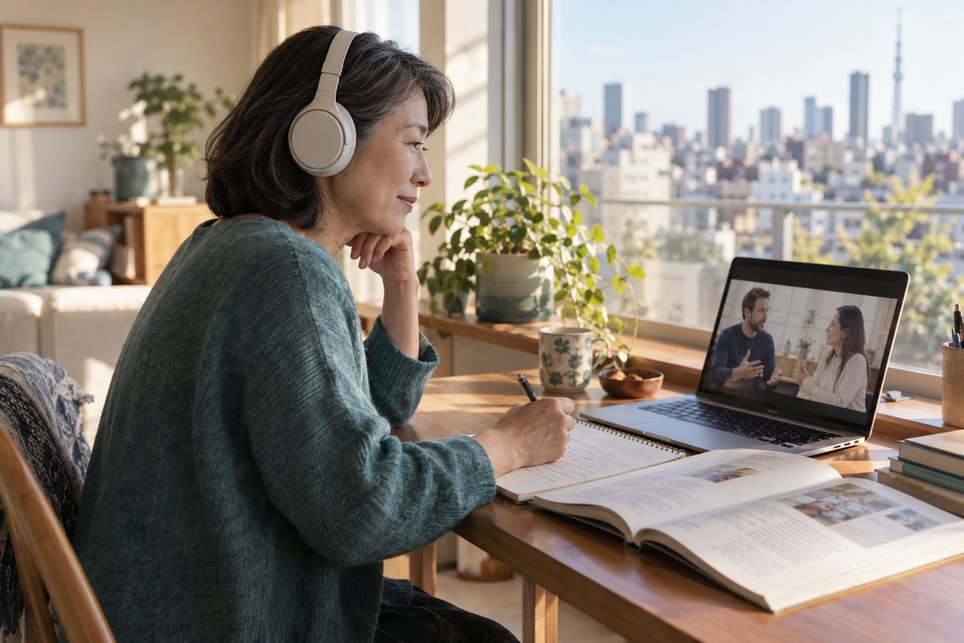 自宅でヘッドホンを使って英語の会話を聞く女性
