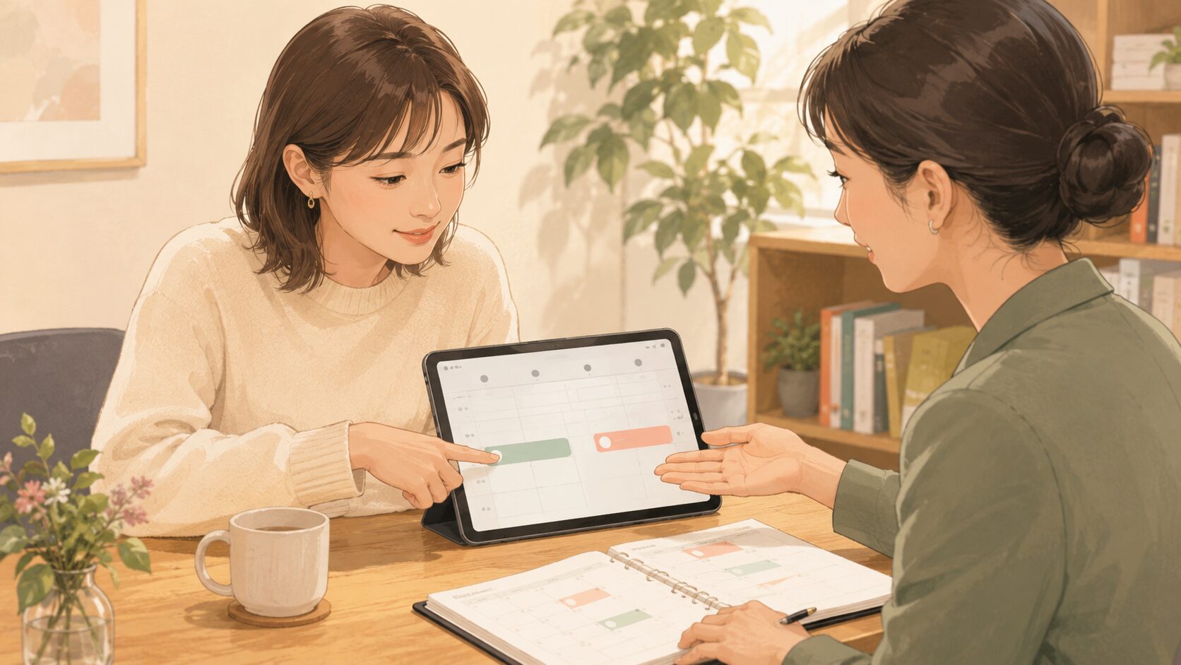 英会話教室のスタッフとタブレットで予約変更を確認する女性