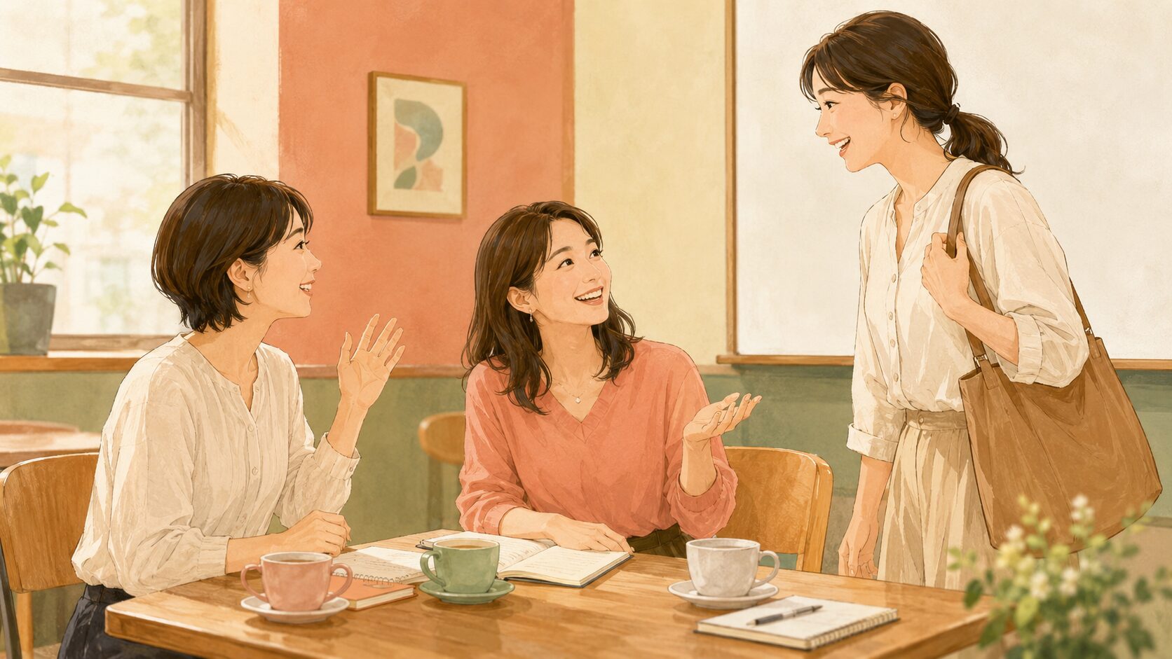 英会話教室で生徒同士が話しかけて交流する様子