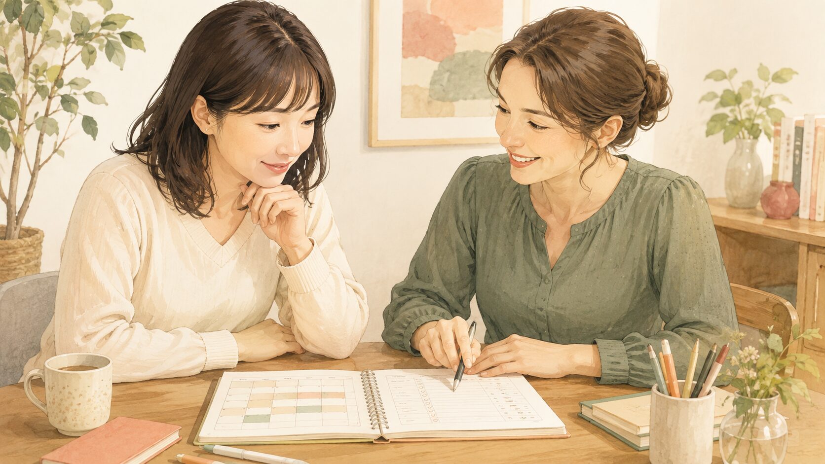 英会話講師と宿題計画や進捗を確認する女性
